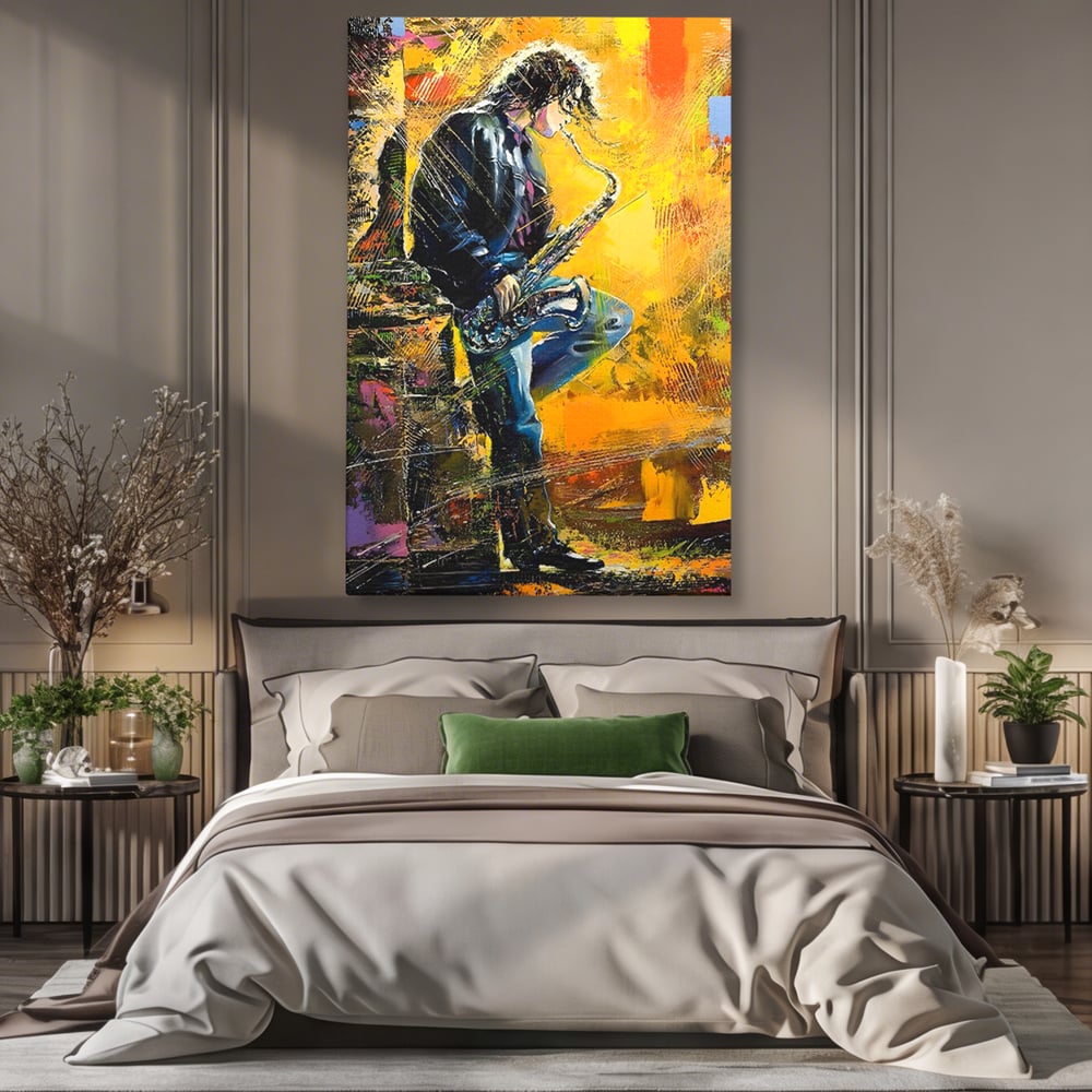 Tablou canvas cu tablou canvas cu muzician cantand la saxofon, fara rama, pe sasiu de lemn, pe perete intr-un dormitor